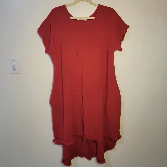 Vasna (Women's L) Red High-Low Frayed Hem Cotton Linen Blend Casual Dress - Picture 5 of 8